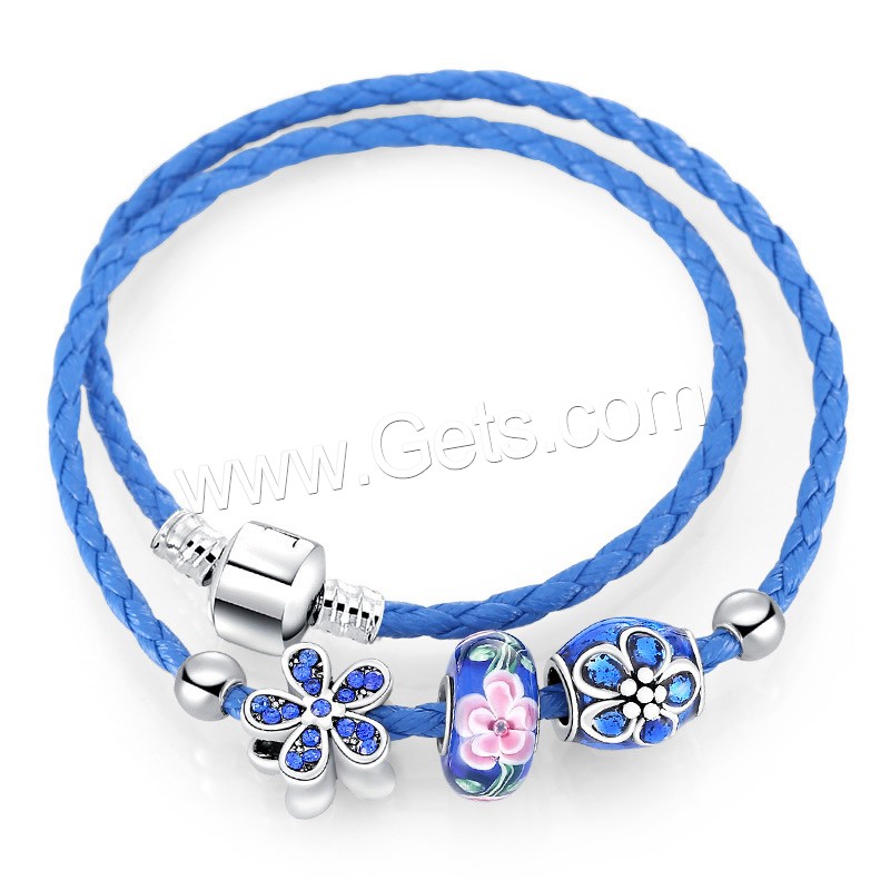 Lampwork Bracelets, leather cord, with Lampwork & Zinc Alloy, different length for choice & for woman & with rhinestone & 2-strand, more colors for choice, 170-210mm, 3Strand/Bag, Sold By Bag