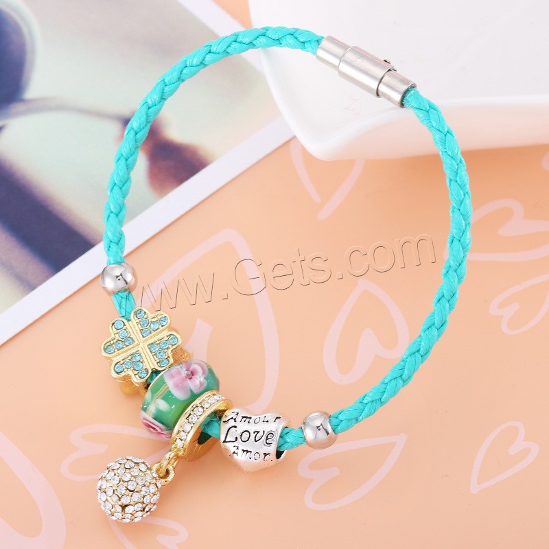 Lampwork Bracelets, leather cord, with Lampwork & Zinc Alloy, different length for choice & with letter pattern & for woman & with rhinestone, 170-210mm, 3Strand/Bag, Sold By Bag