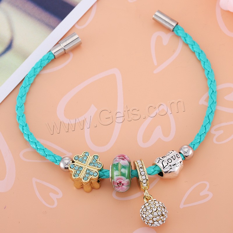 Lampwork Bracelets, leather cord, with Lampwork & Zinc Alloy, different length for choice & with letter pattern & for woman & with rhinestone, 170-210mm, 3Strand/Bag, Sold By Bag