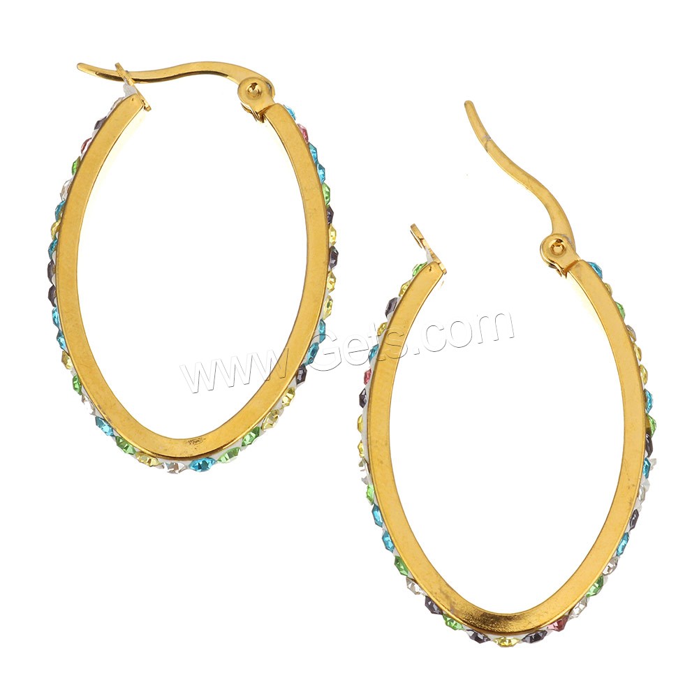 Stainless Steel Hoop Earring, with Rhinestone Clay Pave, gold color plated, different size for choice & different styles for choice & for woman & with rhinestone, Sold By Pair