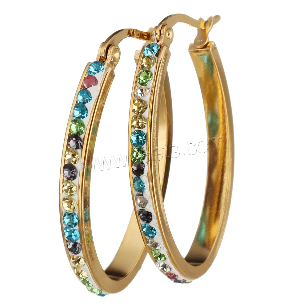 Stainless Steel Hoop Earring, with Rhinestone Clay Pave, gold color plated, different size for choice & different styles for choice & for woman & with rhinestone, Sold By Pair