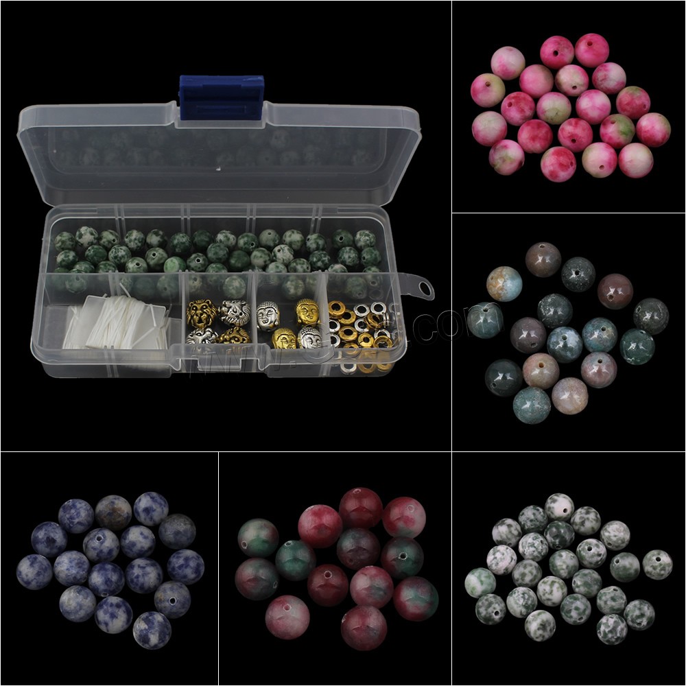 Gemstone DIY Bracelet, with Plastic Box & Zinc Alloy, Round, different materials for choice & different size for choice, Sold By Box