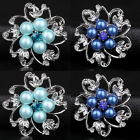 Plastic Pearl Brooch, Zinc Alloy, with ABS Plastic Pearl, Flower, silver color plated, for woman & with rhinestone lead & cadmium free 