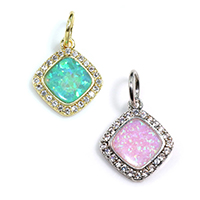 Brass Flower Pendants, with Opal, Rhombus, plated, micro pave cubic zirconia Approx 4mm 