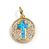 Cubic Zirconia Micro Pave Brass Pendant, with Opal, Flat Round, real gold plated, micro pave cubic zirconia Approx 4mm 