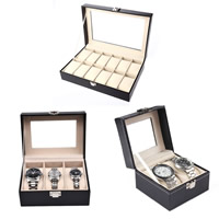 Wood Watch Box, with PU Leather & Velveteen & Zinc Alloy, Rectangle, platinum color plated 