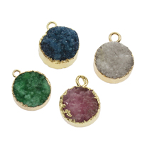 Ice Quartz Agate Pendants, with Zinc Alloy, Flat Round, gold color plated, druzy style - Approx 2.5mm, Approx [