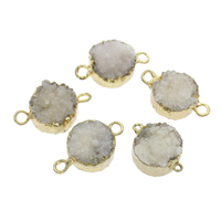 Natural Agate Druzy Connector, Ice Quartz Agate, with Zinc Alloy, Flat Round, gold color plated, druzy style & 1/1 loop - Approx 2mm, Approx 