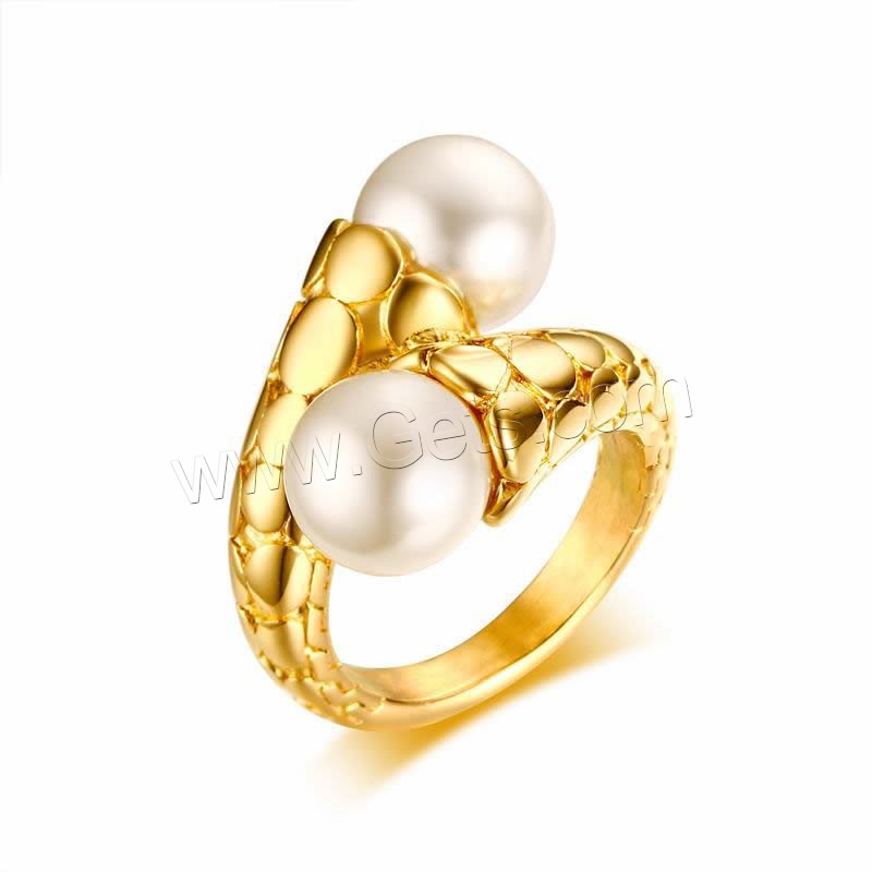 Stainless Steel Finger Ring, with Plastic Pearl, gold color plated, different size for choice & for woman, 10mm, Sold By PC