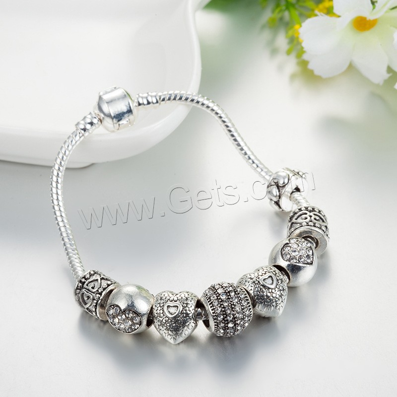Zinc Alloy European Bracelets, with brass chain, Heart, antique silver color plated, different length for choice & snake chain & for woman & with rhinestone, Sold By Strand
