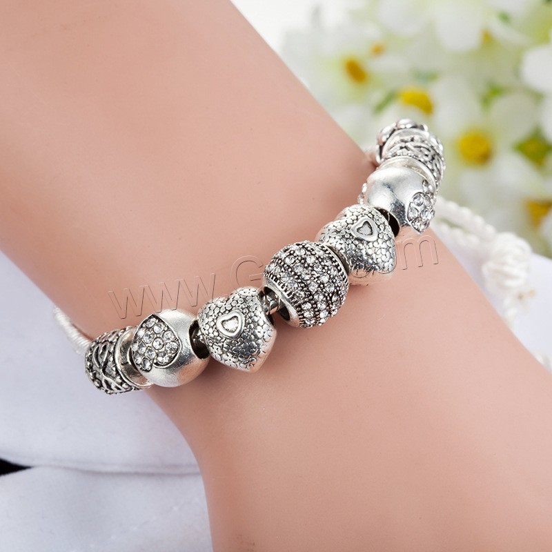 Zinc Alloy European Bracelets, with brass chain, Heart, antique silver color plated, different length for choice & snake chain & for woman & with rhinestone, Sold By Strand