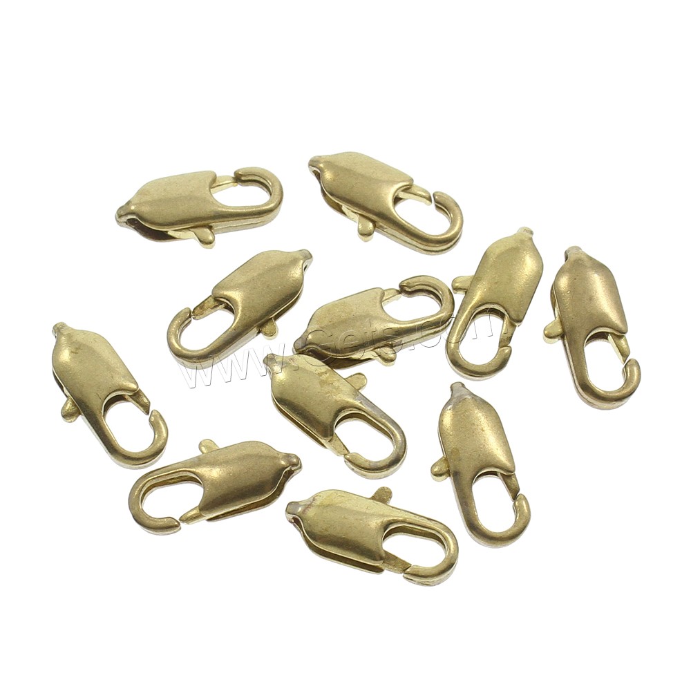 黄銅ロブスター爪クラスプ, 銅, 異なるサイズの選択, オリジナルカラー, ニッケル、鉛、カドミウムフリー, 穴:約 2, 3mm, 1000パソコン/バッグ, 売り手 バッグ