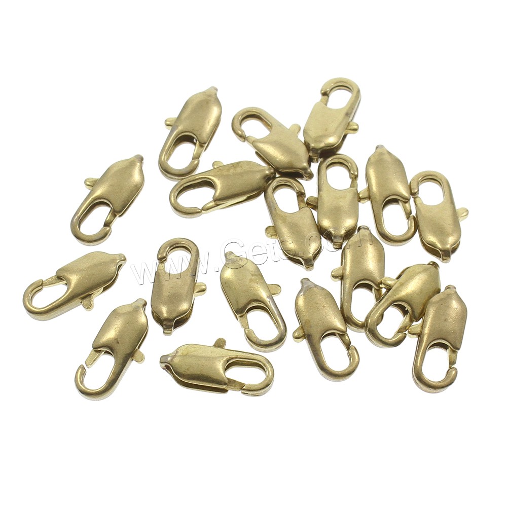 黄銅ロブスター爪クラスプ, 銅, 異なるサイズの選択, オリジナルカラー, ニッケル、鉛、カドミウムフリー, 穴:約 2, 3mm, 1000パソコン/バッグ, 売り手 バッグ