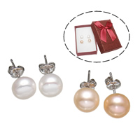 Freshwater Pearl Stud Earring, Brass, with Freshwater Pearl, platinum color plated, natural, mixed colors, nickel, lead & cadmium free, 8-9mm 
