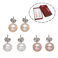 Freshwater Pearl Stud Earring, Brass, with Freshwater Pearl, platinum color plated, natural, mixed colors, nickel, lead & cadmium free, 8-9mm 