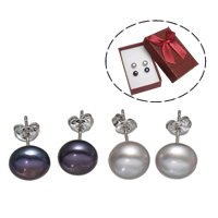 Freshwater Pearl Stud Earring, Brass, with paper box & Freshwater Pearl, platinum color plated, mixed colors, nickel, lead & cadmium free, 8-9mm 