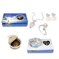 Oyster & Wish Pearl Kit, Freshwater Pearl, finger ring & earring & necklace, with Shell & Zinc Alloy, with rhinestone US Ring .5 Approx 19.5 Inch 