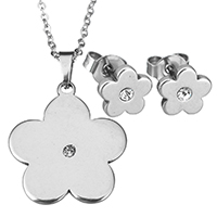 Fashion Stainless Steel Jewelry Sets, earring & necklace, Flower, oval chain & micro pave cubic zirconia & for woman, original color 1.5mm, 8mm Approx 18 Inch 