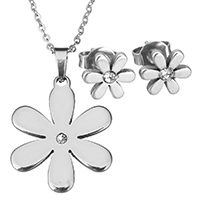 Fashion Stainless Steel Jewelry Sets, earring & necklace, Flower, oval chain & micro pave cubic zirconia & for woman, original color 1.5mm, 8.5mm Approx 18 Inch 