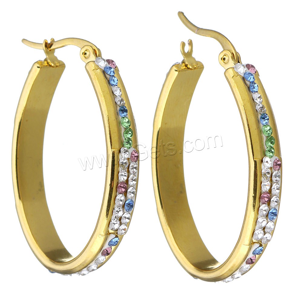 Stainless Steel Hoop Earring, with Rhinestone Clay Pave, gold color plated, different size for choice & for woman, more colors for choice, Sold By Pair
