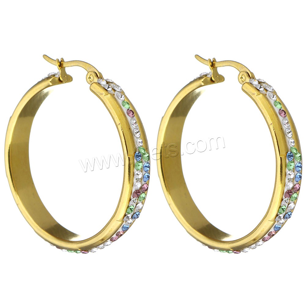 Stainless Steel Hoop Earring, with Rhinestone Clay Pave, gold color plated, different size for choice & for woman, more colors for choice, Sold By Pair