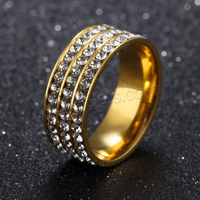 Rhinestone Stainless Steel Finger Ring, plated, different size for choice & for woman & with rhinestone, more colors for choice, 8mm, Sold By PC
