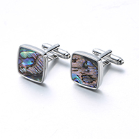 Brass Cufflinks, with Abalone Shell, Square, platinum color plated 