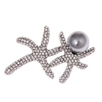 Plastic Pearl Brooch, Zinc Alloy, with ABS Plastic Pearl, Starfish, platinum color plated, for woman & with rhinestone, lead & cadmium free 