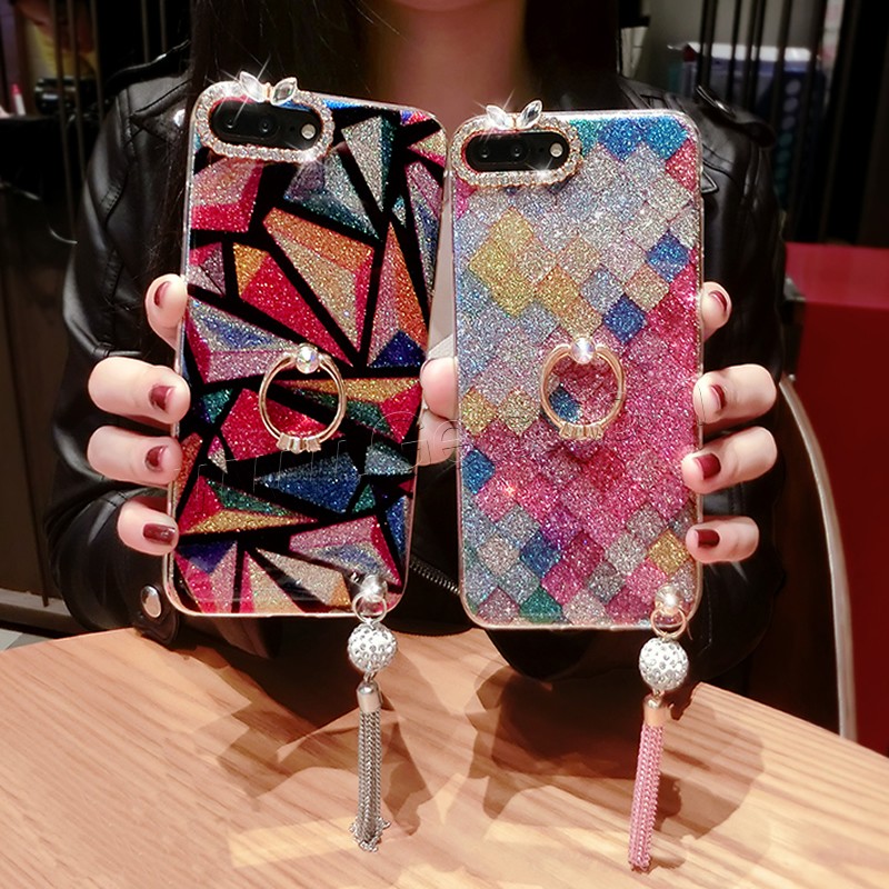 Customized Mobile Phone Cases, TPU, with PC Plastic, Rectangle, With Pendant & with ring phone holder & geometric & different styles for choice & different designs for choice & with rhinestone & stardust, Sold By PC