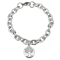 Stainless Steel Charm Bracelet, Flat Round, oval chain & for woman, original color 8mm Approx 8 Inch 