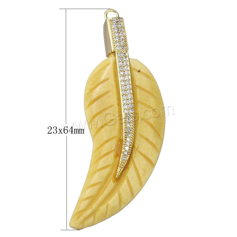 Synthetic Ivory Pendant, with Brass, Leaf, plated, different styles for choice & micro pave cubic zirconia, more colors for choice, 23x64x6mm, Hole:Approx 2mm, Sold By PC