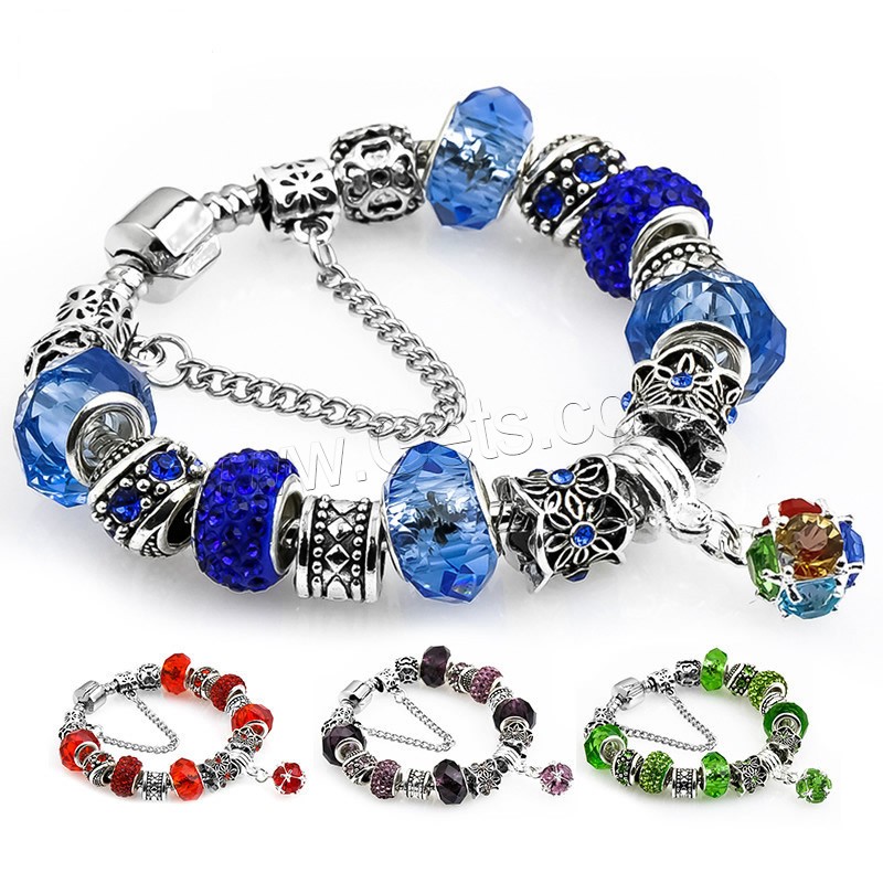 Zinc Alloy European Bracelets, with brass wire & Rhinestone Clay Pave & Crystal, plated, charm bracelet & different length for choice & snake chain & different styles for choice & for woman & faceted & with rhinestone, Sold By Strand