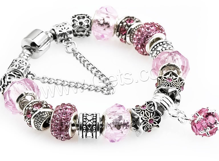 Zinc Alloy European Bracelets, with brass wire & Rhinestone Clay Pave & Crystal, plated, charm bracelet & different length for choice & snake chain & different styles for choice & for woman & faceted & with rhinestone, Sold By Strand
