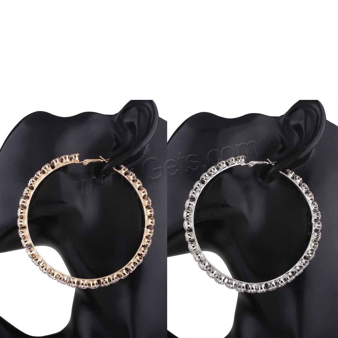 Zinc Alloy Rhinestone Hoop Earring, brass post pin, plated, different size for choice & for woman & with rhinestone, more colors for choice, Sold By Pair