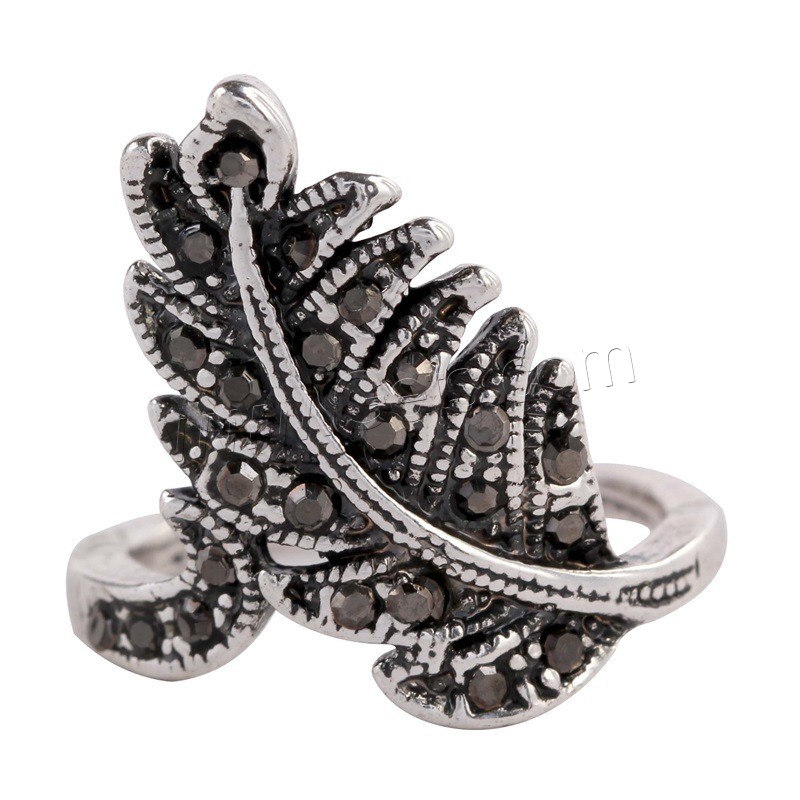 Rhinestone Zinc Alloy Finger Ring, Leaf, antique silver color plated, different size for choice & for woman & with rhinestone, 23mm, Sold By PC