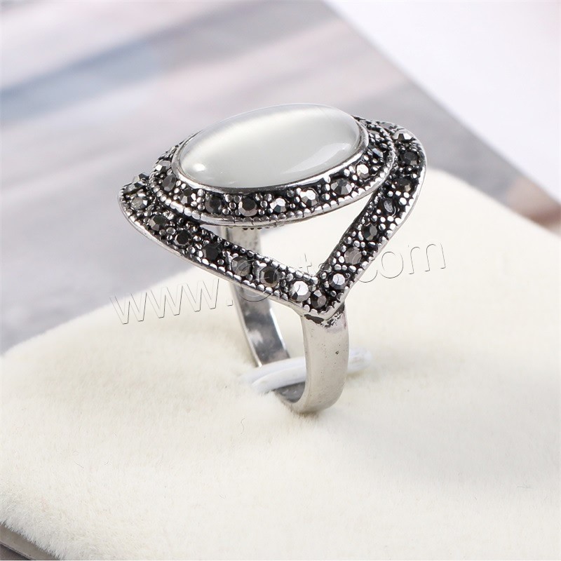 Cats Eye Zinc Alloy Finger Ring, with Cats Eye, Flat Oval, antique silver color plated, different size for choice & for woman & with rhinestone, 24mm, Sold By PC