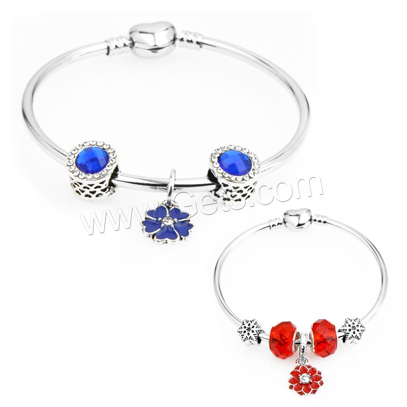 Zinc Alloy European Bangle, with Crystal & Brass, Flower, plated, charm bracelet & different size for choice & different styles for choice & for woman & enamel & faceted & with rhinestone, Sold By PC