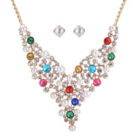 Rhinestone Zinc Alloy Jewelry Set, earring & necklace, with ABS Plastic Pearl, gold color plated, with rhinestone lead & cadmium free, 500mm Approx 19.5 Inch 