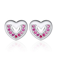 925 Sterling Silver Stud Earring, Heart, platinum plated, micro pave cubic zirconia & for woman 