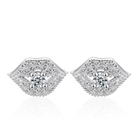 925 Sterling Silver Stud Earring, Lip, platinum plated, micro pave cubic zirconia & for woman 