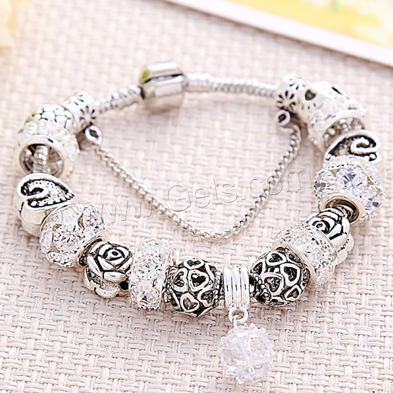 Zinc Alloy European Bracelets, with Clay Pave & brass chain & Lampwork, Rose, plated, different length for choice & for woman & with rhinestone, more colors for choice, lead & cadmium free, Sold By Strand