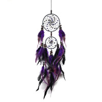 Fashion Dream Catcher, Iron, with Waxed Linen Cord & Feather & Wood, purple, 63cm 