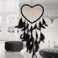 Fashion Dream Catcher, Plastic, with Feather & Polyester Cord & Wood, Heart, black, 45cm 