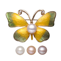 Freshwater Pearl Brooch, Brass, with cardboard box & Freshwater Pearl, Butterfly, gold color plated, for woman & enamel & with rhinestone & colorful powder nickel, lead & cadmium free  