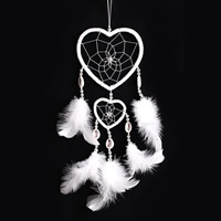 Fashion Dream Catcher, Feather, with Nylon Ribbon & Shell & Glass Seed Beads & ABS Plastic, Heart, white, 400mm 