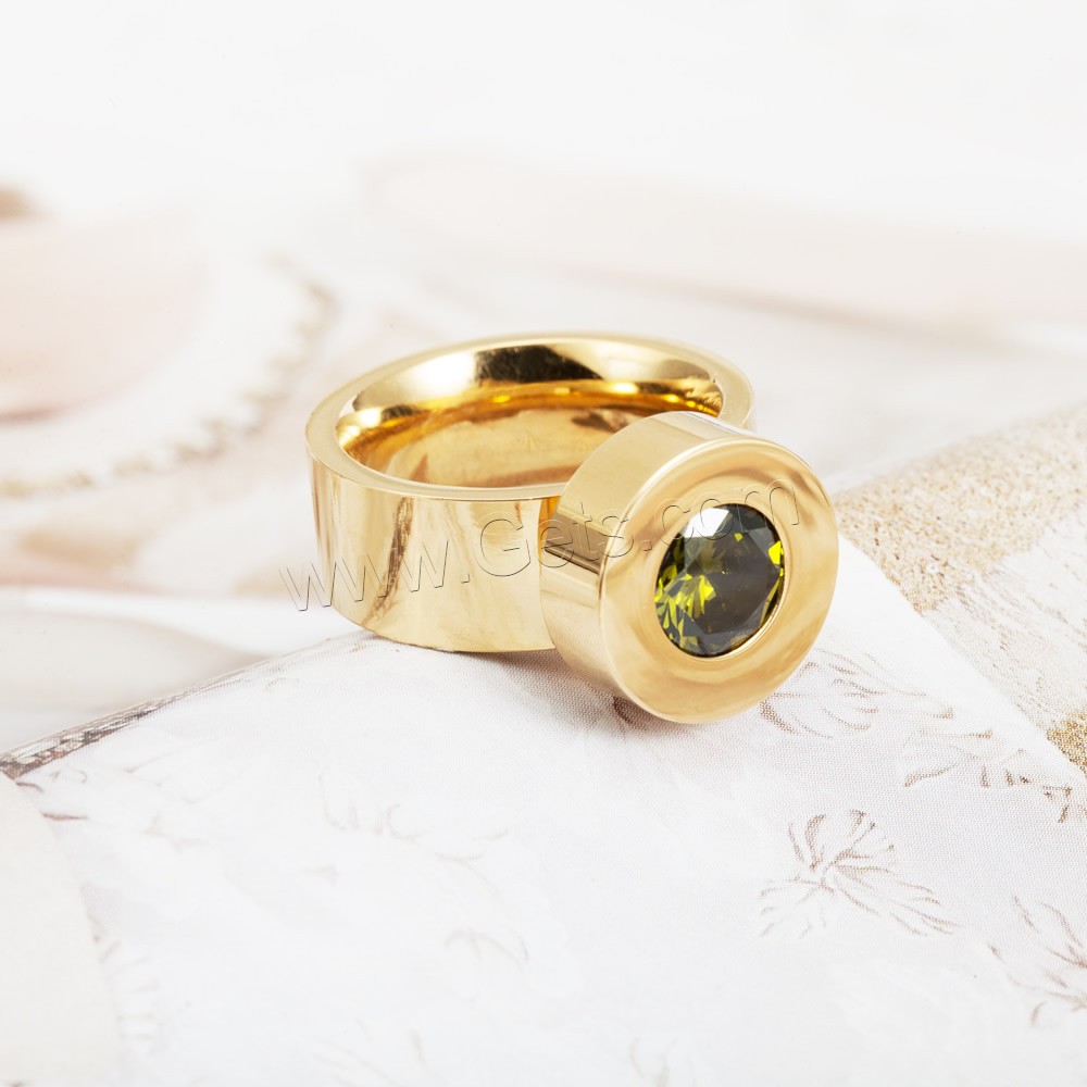 Cubic Zirconia anillo de dedo de acero inoxidable, chapado en color dorado, diverso tamaño para la opción & para mujer & con circonia cúbica, más colores para la opción, 14mm, 8mm, Vendido por UD