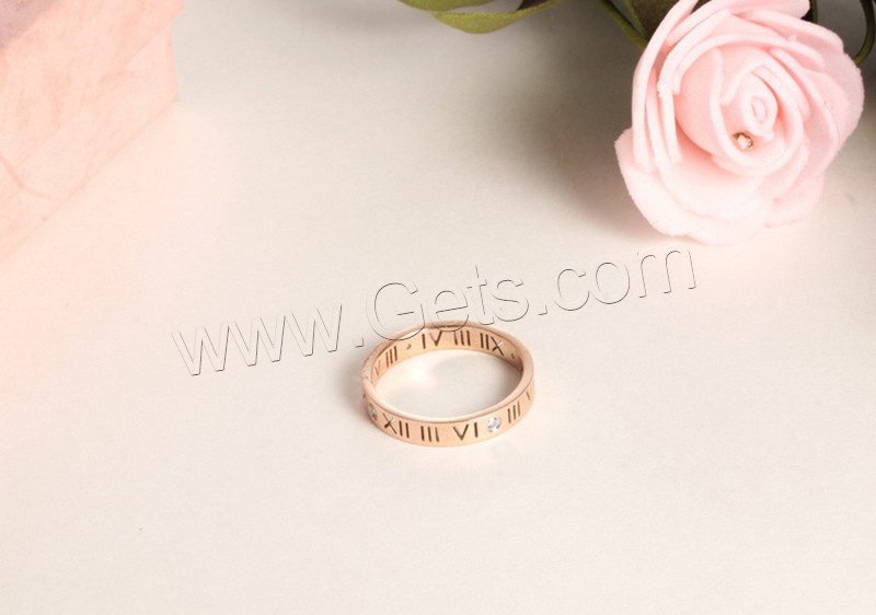 Rhinestone Stainless Steel Finger Ring, gold color plated, with roman number & different size for choice & for woman & with rhinestone, 3mm, Sold By PC