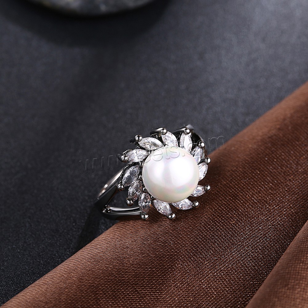 Favourer ® палец кольцо, Латунь, с Стеклянный жемчуг, черный свнец, разный размер для выбора & Женский & с кубическим цирконием, 15mm, продается PC