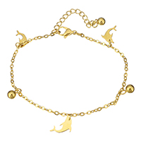 Stainless Steel Charm Bracelet, with 2Inch extender chain, Dolphin, gold color plated, oval chain & for woman 5mm, 2mm Approx 8 Inch 