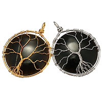 Tree Of Life Pendants, Brass, with Obsidian, Flat Round, plated Approx 